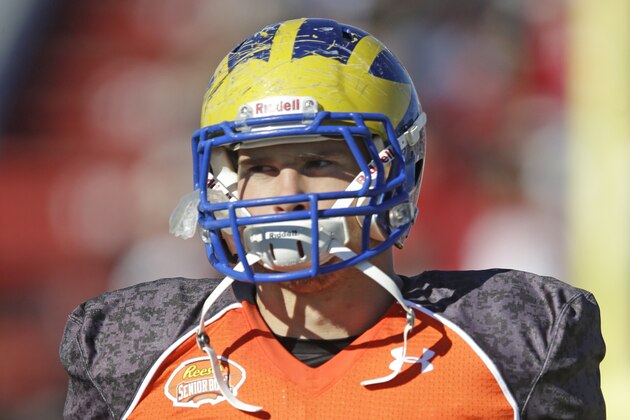 Delaware tight end Nick Boyle (86) walks on the filed before an NCAA college football game at the Senior Bowl, Saturday, Jan. 24, 2015, in Mobile, Ala. (AP Photo/Brynn Anderson)