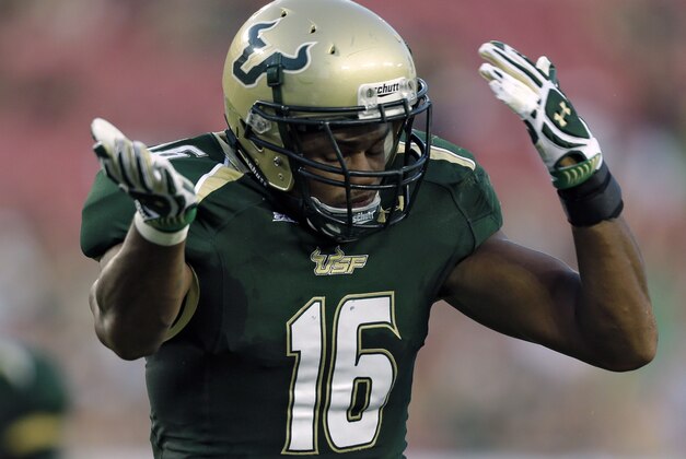 South Florida linebacker Reshard Cliett (16)reacts after stopping a Chattanooga runner during the first quarter of an NCAA college football game Saturday, Sept. 1, 2012, in Tampa, Fla. (AP Photo/Chris O'Meara)