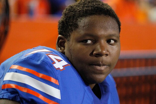 Oct 11, 2014; Gainesville, FL, USA; Florida Gators offensive lineman Trenton Brown (74) against the LSU Tigers during the first half at Ben Hill Griffin Stadium. Mandatory Credit: Kim Klement-USA TODAY Sports