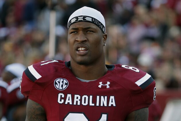 South Carolina tight end Rory Anderson (81) walks along the sidelines during the second half of an NCAA college football game against South Alabama in Columbia, S.C., Saturday, Nov. 22, 2014. South Carolina beat South Alabama  37-12. (AP Photo/Stephen B. Morton)
