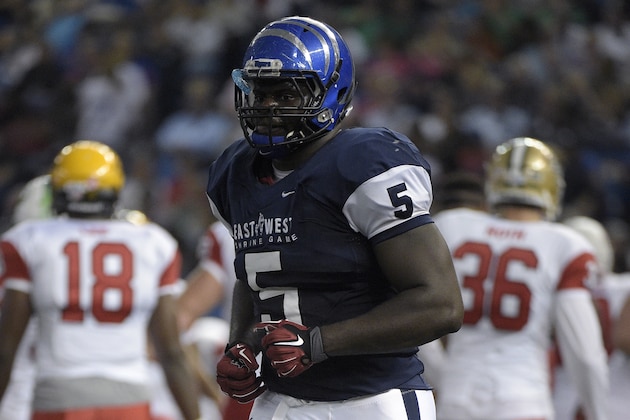 West defensive lineman Martin Ifedi (5), of Memphis, leaves the field during the first half of the East-West Shrine college football game against the East in St. Petersburg, Fla., Saturday, Jan. 17, 2015.(AP Photo/Phelan M. Ebenhack)