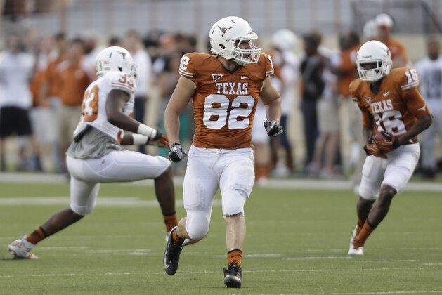 Texas' Geoff Swaim (82) during the team's spring football game, Saturday, March 30, 2013, in Austin, Texas. (AP Photo/Eric Gay)