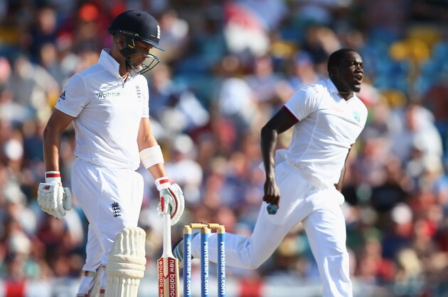 BRIDGETOWN, BARBADOS - MAY 02:  Jerome Taylor of West Indies celebrates taking the wicket of Jonathan Trott of England during day two of the 3rd Test match between West Indies and England at Kensington Oval on May 2, 2015 in Bridgetown, Barbados.  (Photo by Michael Steele/Getty Images)