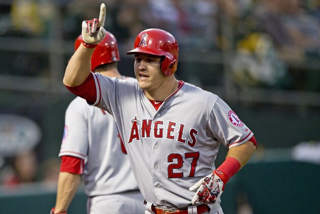 OAKLAND, CA - APRIL 29:  Mike Trout #27 of the Los Angeles Angels of Anaheim celebrates after hitting a home run against the Oakland Athletics during the third inning at O.co Coliseum on April 29, 2015 in Oakland, California. (Photo by Jason O. Watson/Getty Images)