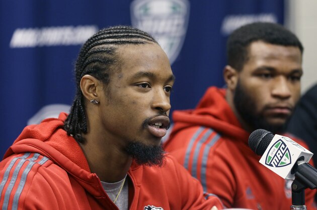 Northern Illinois wide receiver Da'Ron Brown addresses an NCAA college news conference in Detroit, Thursday, Dec. 4, 2014. Northern Illinois will meet Bowling Green in the Mid-American Conference Championship at Ford Field on Friday. (AP Photo/Carlos Osorio)