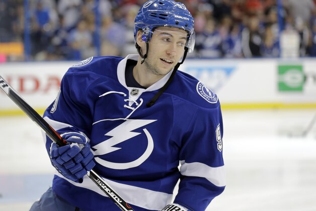 Tampa Bay Lightning center Tyler Johnson (9) before Game 2 of a first-round NHL Stanley Cup hockey playoff series against the Detroit Red Wings Saturday, April 18, 2015, in Tampa, Fla. (AP Photo/Chris O'Meara)