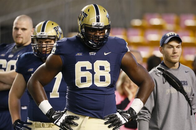Pittsburgh offensive lineman T.J. Clemmings (68) warms up before the NCAA football game against  Virginia Tech, Thursday, Oct. 16, 2014 in Pittsburgh. (AP Photo/Keith Srakocic)