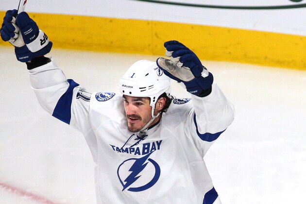 May 1, 2015; Montreal, Quebec, CAN; Tampa Bay Lightning center Brian Boyle (11) celebrates as right wing Nikita Kucherov (not pictured) scores a goal against Montreal Canadiens during the fifth period in game one of the second round of the 2015 Stanley Cup Playoffs at Bell Centre. Mandatory Credit: Jean-Yves Ahern-USA TODAY Sports
