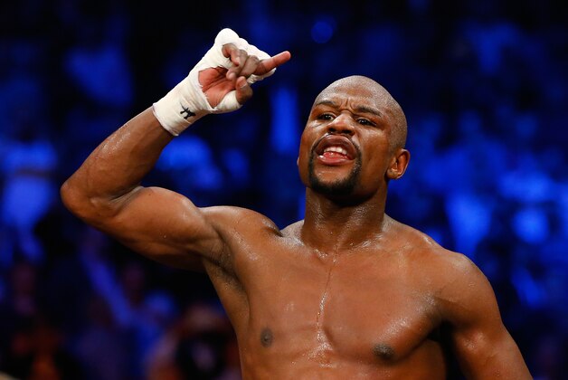 LAS VEGAS, NV - MAY 02:  Floyd Mayweather Jr. reacts after the welterweight unification championship bout on May 2, 2015 at MGM Grand Garden Arena in Las Vegas, Nevada.  (Photo by Al Bello/Getty Images)