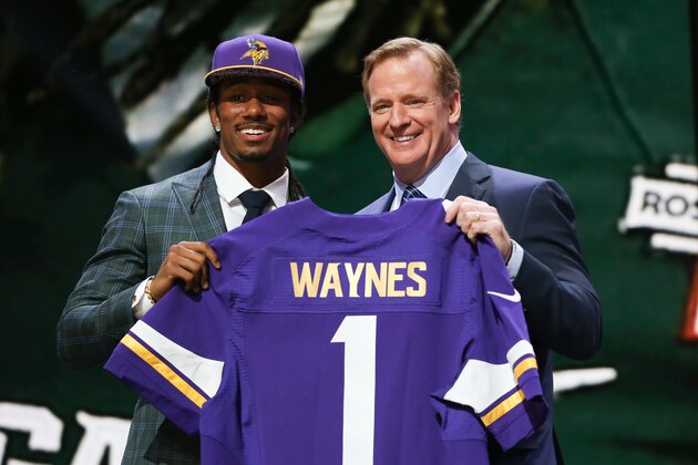 CHICAGO, IL - APRIL 30: Trae Waynes of the Michigan State Spartans holds up a jersey with NFL Commissioner Roger Goodell after being picked #11 overall by the Minnesota Vikings during the first round of the 2015 NFL Draft at the Auditorium Theatre of Roosevelt University on April 30, 2015 in Chicago, Illinois. (Photo by Jonathan Daniel/Getty Images) CHICAGO, IL - APRIL 30: Trae Waynes of the Michigan State Spartans holds up a jersey with NFL Commissioner Roger Goodell after being picked #11 overall by the Minnesota Vikings during the first round of the 2015 NFL Draft at the Auditorium Theatre of Roosevelt University on April 30, 2015 in Chicago, Illinois. (Photo by Jonathan Daniel/Getty Images)