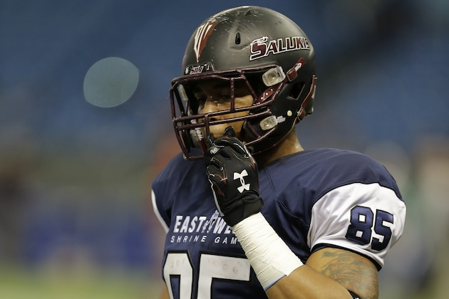 West tight end MyCole Pruitt (85), of Southern Illinois, before the East-West Shrine college football game Saturday, Jan. 17, 2015, in St. Petersburg, Fla. (AP Photo/Chris O'Meara)