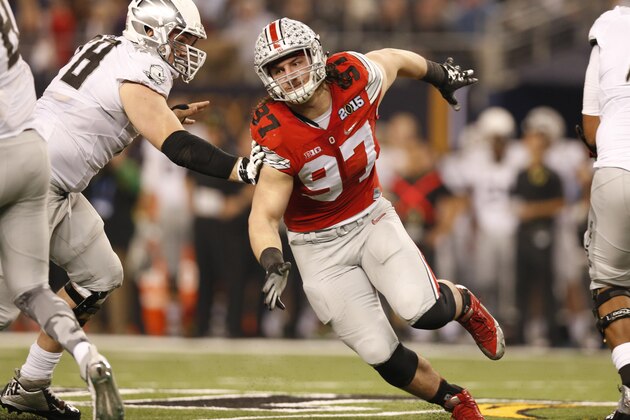 Jan 12, 2015; Arlington, TX, USA; Ohio State Buckeyes defensive end Joey Bosa (97) in action against the Oregon Ducks in the 2015 CFP National Championship Game at AT&T Stadium. Mandatory Credit: Matthew Emmons-USA TODAY Sports