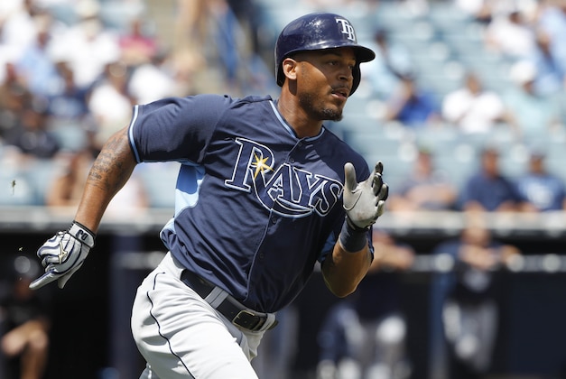 Apr 1, 2015; Tampa, FL, USA; Tampa Bay Rays left fielder Desmond Jennings (8) singles during the second inning against the New York Yankees at George M. Steinbrenner Field. Mandatory Credit: Kim Klement-USA TODAY Sports