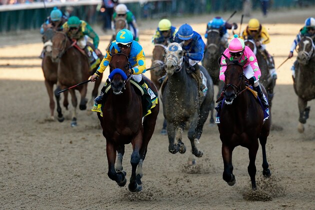 LOUISVILLE, KY - MAY 02:  American Pharoah #18, ridden by Victor Espinoza, leads the field to the finish line ahead of Firing Line #10, ridden by Gary Stevens, and Dortmund #8, ridden by Martin Garcia, during the 141st running of the Kentucky Derby at Churchill Downs on May 2, 2015 in Louisville, Kentucky.  (Photo by Rob Carr/Getty Images)