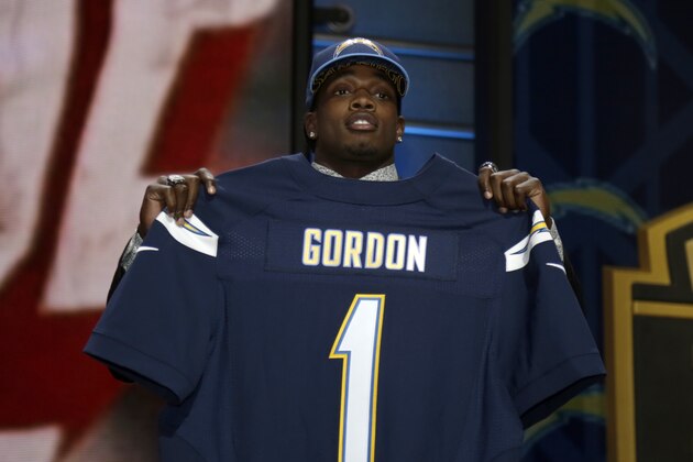 Melvin Gordon stands on stage after being drafted 15th by the San Diego Chargers in the first round of the 2015 NFL Draft, Thursday, April 30, 2015, in Chicago.  (Jeff Haynes/AP Images for Panini)