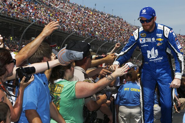 TALLADEGA, AL - MAY 03:  Dale Earnhardt Jr., driver of the #88 Nationwide Chevrolet, is introduced prior to during the NASCAR Sprint Cup Series GEICO 500 at Talladega Superspeedway on May 3, 2015 in Talladega, Alabama.  (Photo by Jerry Markland/Getty Images)