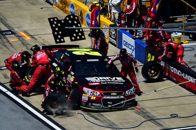 TALLADEGA, AL - MAY 03:  Jeff Gordon, driver of the #24 Drive To End Hunger Chevrolet, pits during the NASCAR Sprint Cup Series GEICO 500 at Talladega Superspeedway on May 3, 2015 in Talladega, Alabama.  (Photo by Jared C. Tilton/Getty Images)