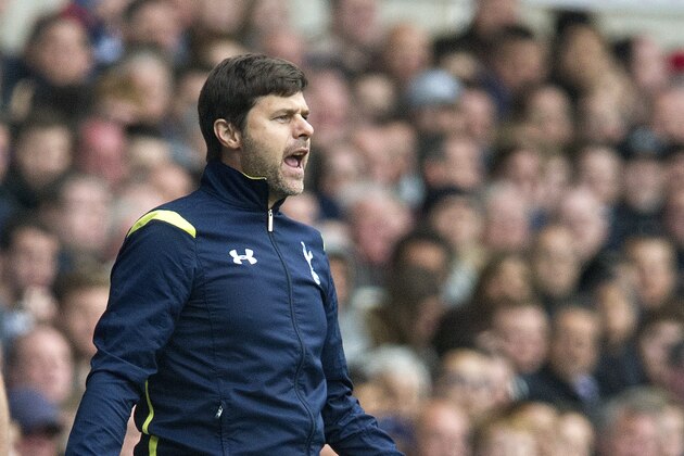 Tottenham Hotspurs's manager Mauricio Pochettino gestures during the English Premier League soccer match between Tottenham Hotspurs and Manchester City, at White Hart Lane Stadium in London, Sunday, May 3, 2015. (AP Photo/Bogdan Maran)