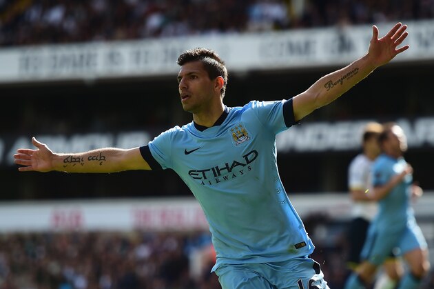 LONDON, ENGLAND - MAY 03:  Sergio Aguero of Manchester City celebrates scoring the opening goal during the Barclays Premier League match between Tottenham Hotspur and Manchester City at White Hart Lane on May 3, 2015 in London, England.  (Photo by Jamie McDonald/Getty Images)