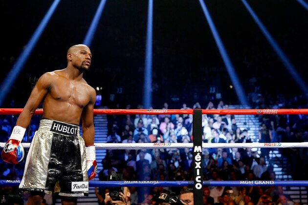 LAS VEGAS, NV - MAY 02:  Floyd Mayweather Jr. looks on during the welterweight unification championship bout against Manny Pacquiao on May 2, 2015 at MGM Grand Garden Arena in Las Vegas, Nevada.  (Photo by Al Bello/Getty Images)