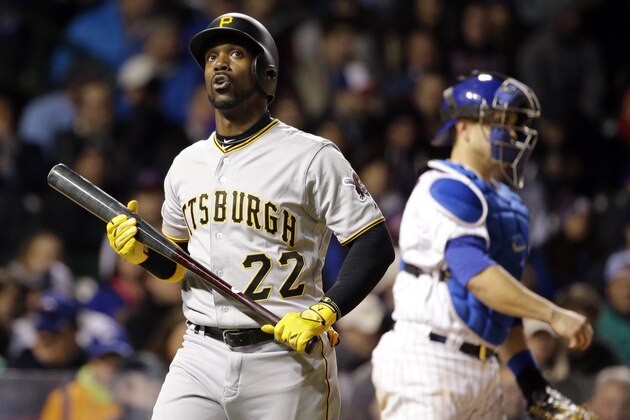 Pittsburgh Pirates' Andrew McCutchen reacts after strikes out swinging  during the fifth inning of a baseball game against the Chicago Cubs in Chicago, Wednesday, April 29, 2015. (AP Photo/Nam Y. Huh)