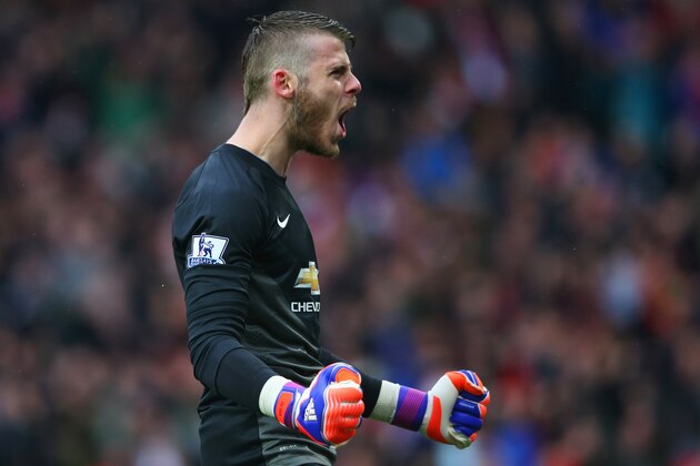 MANCHESTER, ENGLAND - APRIL 12:  David De Gea of Manchester United celebrates during the Barclays Premier League match between Manchester United and Manchester City at Old Trafford on April 12, 2015 in Manchester, England.  (Photo by Alex Livesey/Getty Images)