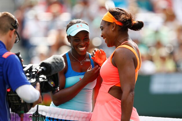 INDIAN WELLS, CA - MARCH 17:  Sloane Stephens of USA congratulates Serena Williams of USA during day nine of the BNP Paribas Open tennis at the Indian Wells Tennis Garden on March 17, 2015 in Indian Wells, California.  (Photo by Julian Finney/Getty Images)