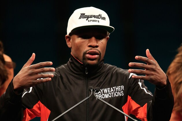 LAS VEGAS, NV - MAY 02:  Floyd Mayweather Jr. addresses the media during the post-fight news conference after his unanimous decision victory against Manny Pacquiao in their welterweight unification championship bout on May 2, 2015 at MGM Grand Garden Arena in Las Vegas, Nevada.  (Photo by Jamie Squire/Getty Images)