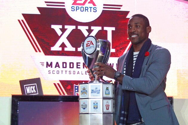Patrick Peterson celebrates winning EA SPORTS Madden Bowl 2015 Thursday, Jan., 29, 2015, in Phoenix. (Photo by Donald Traill/Invision for EA SPORTS/AP Images)