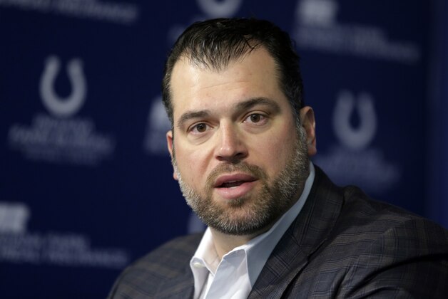 Indianapolis Colts General Manager Ryan Grigson declines to answer a question about deflated footballs used by the New England Patriots in the AFC Championship game during a press conference at the NFL football team's practice facility in Indianapolis, Friday, Jan. 23, 2015. The Colts lost to the Patriots in last Sunday's AFC Championship. (AP Photo/Michael Conroy)