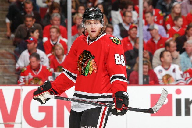CHICAGO, IL - APRIL 21: Patrick Kane #88 of the Chicago Blackhawks looks on during Game Four of the Western Conference Quarterfinals against the Nashville Predators during the 2015 NHL Stanley Cup Playoffs at the United Center on April 21, 2015 in Chicago, Illinois. (Photo by Bill Smith/NHLI via Getty Images)