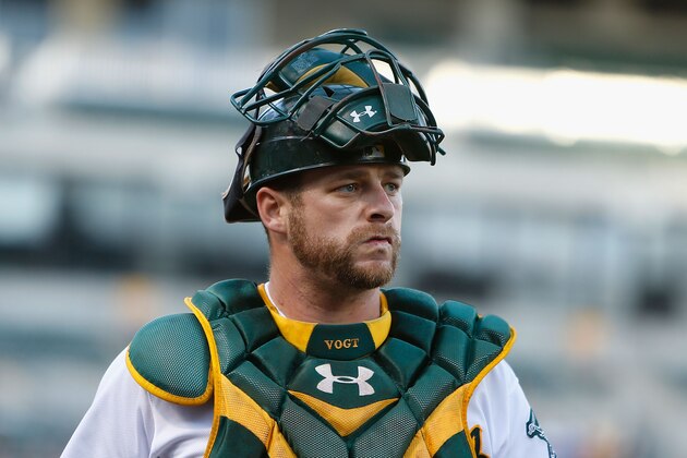OAKLAND, CA - APRIL 28: Stephen Vogt #21 of the Oakland Athletics looks on before the game against the Los Angeles Angels of Anaheim at O.co Coliseum on April 28, 2015 in Oakland, California. (Photo by Lachlan Cunningham/Getty Images)