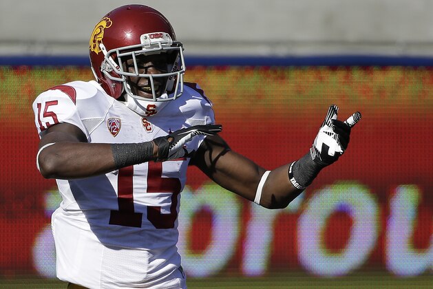 Southern California wide receiver Nelson Agholor celebrates after scoring a 93-yard touchdown on a punt return during the second quarter of an NCAA college football game against California on Saturday, Nov. 9, 2013, in Berkeley, Calif. (AP Photo/Eric Risberg)