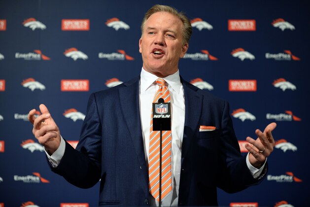 Jan 20, 2015; Englewood, CO, USA; Denver Broncos executive vice president of football operations/general manager John Elway speaks to the media at the Broncos training facility. Mandatory Credit: Ron Chenoy-USA TODAY Sports