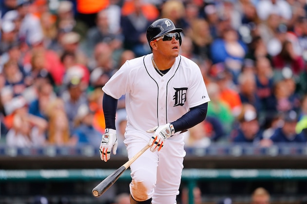 DETROIT, MI - APRIL 26: Miguel Cabrera #24 of the Detroit Tigers hits a two run home run to right field during the fifth inning of the game against the Cleveland Indians scoring Rajai Davis (not in photo) on April 26, 2015 at Comerica Park in Detroit, Michigan. (Photo by Leon Halip/Getty Images)