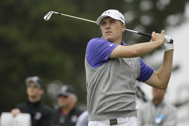 Jordan Spieth follows his shot from the second tee of TPC Harding Park during round-robin play against Lee Westwood of England at the Match Play Championship golf tournament Friday, May 1, 2015, in San Francisco. (AP Photo/Eric Risberg)