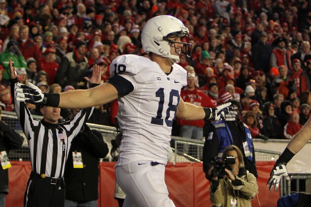 MADISON, WI - NOVEMBER 30: Jesse James #18 of the Penn State Nittany Lions celebrates after making a touchdown during the second half against the Wisconsin Badgers at Camp Randall Stadium on November 30, 2013 in Madison, Wisconsin. (Photo by Mike McGinnis/Getty Images)