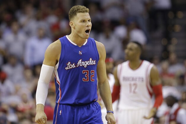 Los Angeles Clippers' Blake Griffin (32) celebrates a play against the Houston Rockets during the second half of Game 1 in a second-round NBA basketball playoff series Monday, May 4, 2015, in Houston. (AP Photo/David J. Phillip)