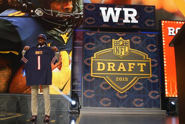 Apr 30, 2015; Chicago, IL, USA; Kevin White (West Virginia) poses for a photo after being selected as the number seventh overall pick to the Chicago Bears in the first round of the 2015 NFL Draft at the Auditorium Theatre of Roosevelt University. Mandatory Credit: Dennis Wierzbicki-USA TODAY Sports