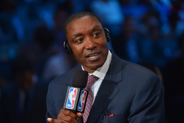 BROOKLYN, NY - JUNE 26: Isiah Thomas talks during the 2014 NBA Draft on June 26, 2014 at Barclays Center in Brooklyn, New York. NOTE TO USER: User expressly acknowledges and agrees that, by downloading and or using this photograph, User is consenting to the terms and conditions of the Getty Images License Agreement. Mandatory Copyright Notice: Copyright 2014 NBAE (Photo by Jesse. D. Garrabrant/NBAE via Getty Images)