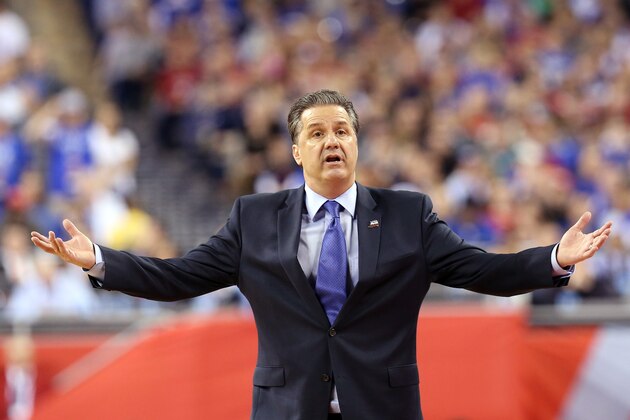 INDIANAPOLIS, IN - APRIL 04:  Head coach John Calipari of the Kentucky Wildcats reacts in the second half against the Wisconsin Badgers during the NCAA Men's Final Four Semifinal at Lucas Oil Stadium on April 4, 2015 in Indianapolis, Indiana.  (Photo by Streeter Lecka/Getty Images)