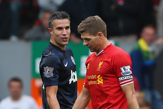 LIVERPOOL, ENGLAND - SEPTEMBER 01:  Steven Gerrard of Liverpool exchanges words with Robin van Persie of Manchester United during the Barclays Premier League match between Liverpool and Manchester United at Anfield on September 01, 2013 in Liverpool, England.  (Photo by Alex Livesey/Getty Images)