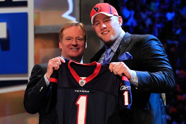 NEW YORK, NY - APRIL 28:  NFL Commissioner Roger Goodell, poses for a photo with J.J. Watt, #11 overall pick by the Houston Texans, on stage during the 2011 NFL Draft at Radio City Music Hall on April 28, 2011 in New York City.  (Photo by Chris Trotman/Getty Images)