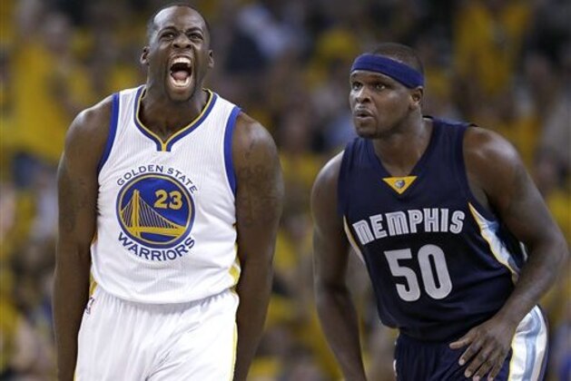 Golden State Warriors forward Draymond Green (23) celebrates after making a three point basket in front of Memphis Grizzlies forward Zach Randolph (50) during the first half of Game 1 in a second-round NBA playoff basketball series in Oakland, Calif., Sunday, May 3, 2015. (AP Photo/Marcio Jose Sanchez)