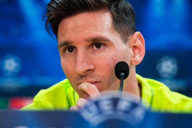 BARCELONA, SPAIN - MAY 05:  Lionel Messi of FC Barcelona faces the media during a press conference ahead of their UEFA Champions League semi-final first leg match against FC Bayern Muenchen at Ciutat Esportiva on May 5, 2015 in Barcelona, Spain.  (Photo by Alex Caparros/Getty Images)