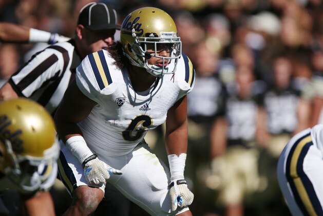 UCLA linebacker Eric Kendricks waits for snap of ball against Colorado in the second quarter of an NCAA football game in Boulder, Colo., on Saturday, Oct. 25, 2014. (AP Photo/David Zalubowski)