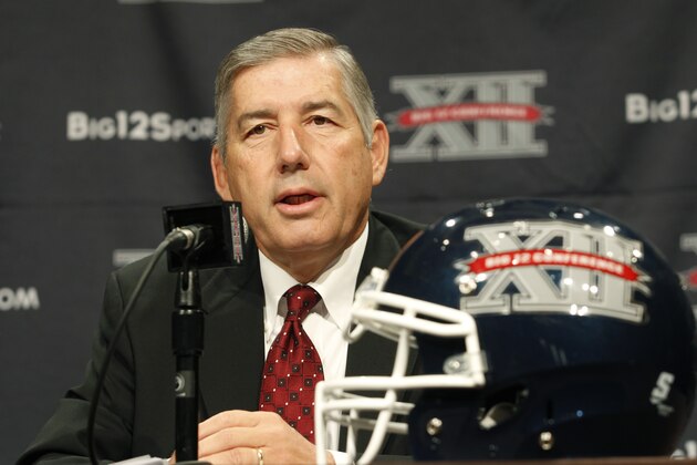 ADVANCE FOR WEEKEND EDITIONS, JUNE 7-8 - FILE - In this July 22, 2013, file photo, Big 12 Conference Commissioner Bob Bowlsby addresses the media at the beginning of the Big 12 Conference Football Media Days in Dallas. The NCAA is in the midst of a radical restructuring that will likely result in the five wealthiest football conferences, comprising 65 schools, being allowed to make rules without the support of the other 286 schools that play Division 1 sports. (AP Photo/Tim Sharp, File)