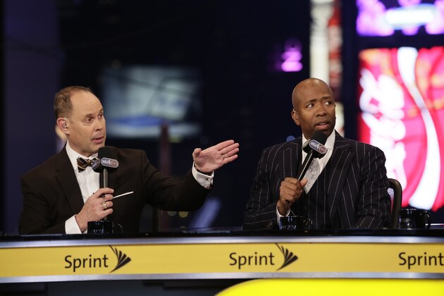NEW YORK, NY - OCTOBER 28: Ernie Johnson and Kenny Smith and Shaquille O'Neal of 'Inside the NBA' speak at the TNT tip off event at Times Square Offices on October 27, 2014 in New York, New York. NOTE TO USER: User expressly acknowledges and agrees that, by downloading and or using this photograph, User is consenting to the terms and conditions of the Getty Images License Agreement. Mandatory Copyright Notice: Copyright 2014 NBAE  (Photo by Steven Freeman/NBAE via Getty Images)