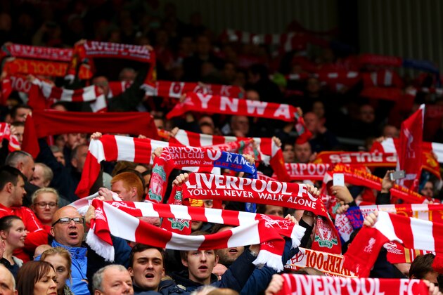 LIVERPOOL, ENGLAND - MAY 02:  Liverpool fans display their scarves during the Barclays Premier League match between Liverpool and Queens Park Rangers at Anfield on May 2, 2015 in Liverpool, England.  (Photo by Alex Livesey/Getty Images)