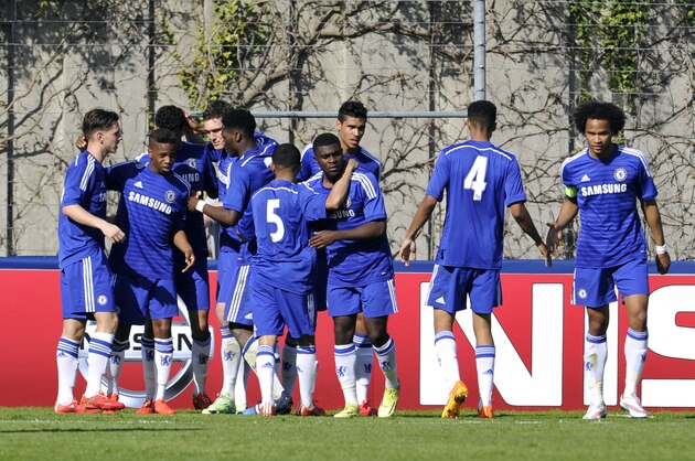 NYON, SWITZERLAND - APRIL 13:  Chelsea FC celebrate scoring during the UEFA Youth League final match between FC Shakhtar Donetsk and Chelsea FC at Colovray on April 13, 2015 in Nyon, Switzerland.  (Photo by Harold Cunningham/Getty Images for UEFA)